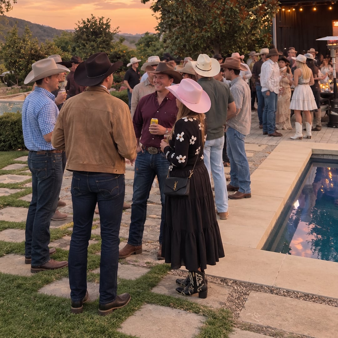 Guests in cowboy hats talking beside a pool at sunset, one in a pink hat and a black floral dress