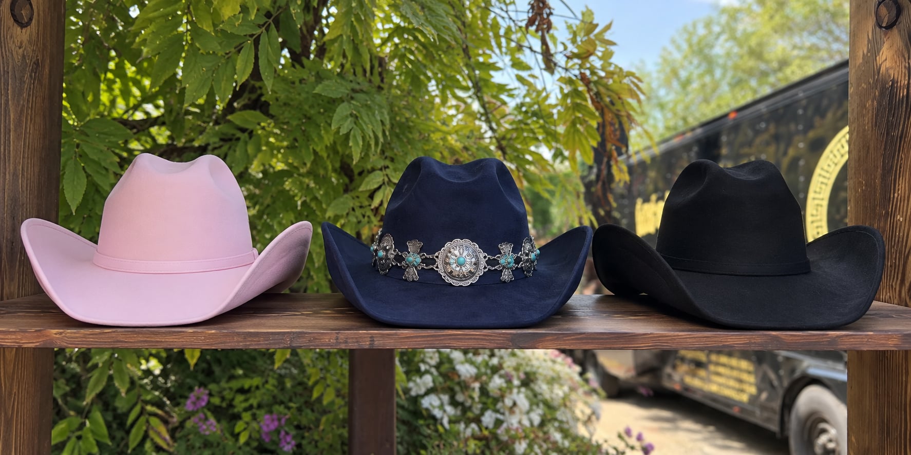 Three felt hats on a timber shelf at the bar, pink, navy with a turquoise concho band, and black, with the Salinas trailer behind