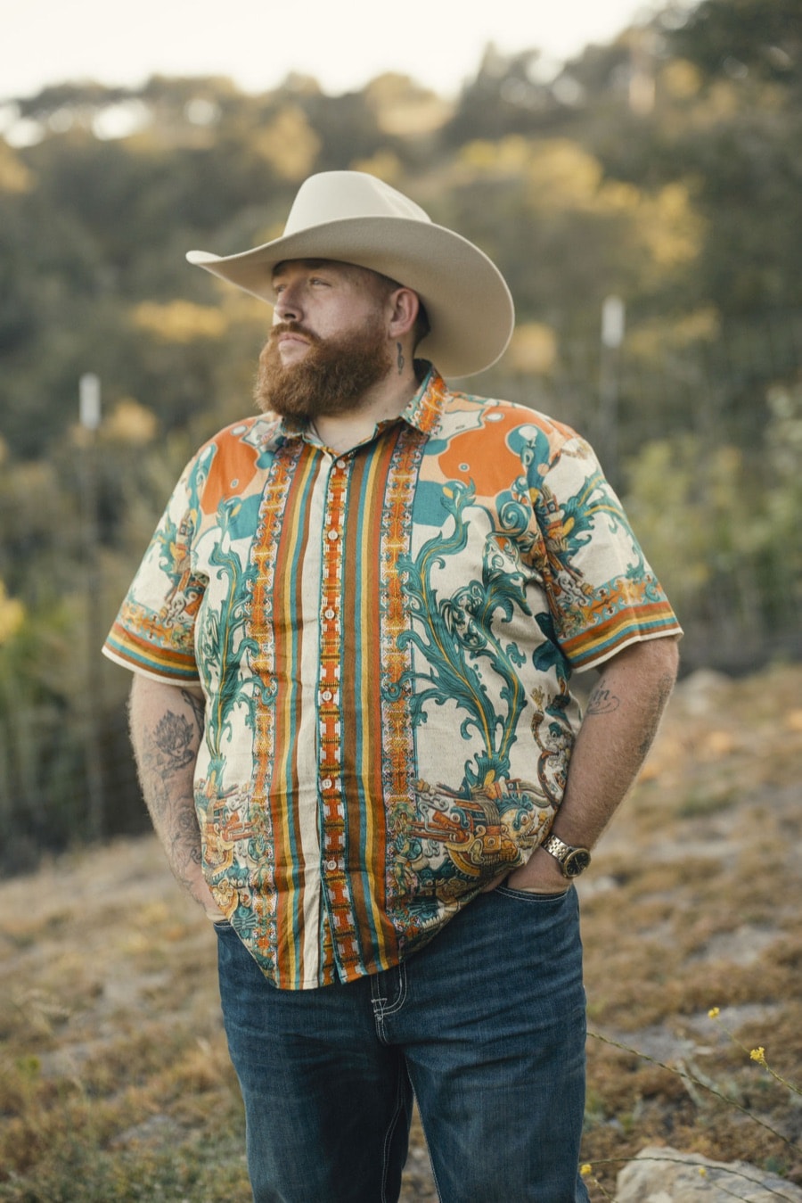 Printed western shirt and straw hat