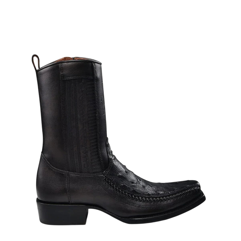 Cuadra Men's Black Ostrich Laser & Woven Narrow Square Toe Boot — CU802