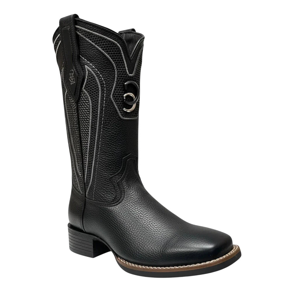 Cuadra Men's Black Deer Embroidery & Studs Wide Square Toe Boot — CC224
