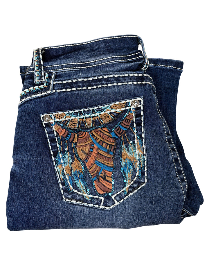 Western Blue Flare Jean Embroidered Western Pocket Denim